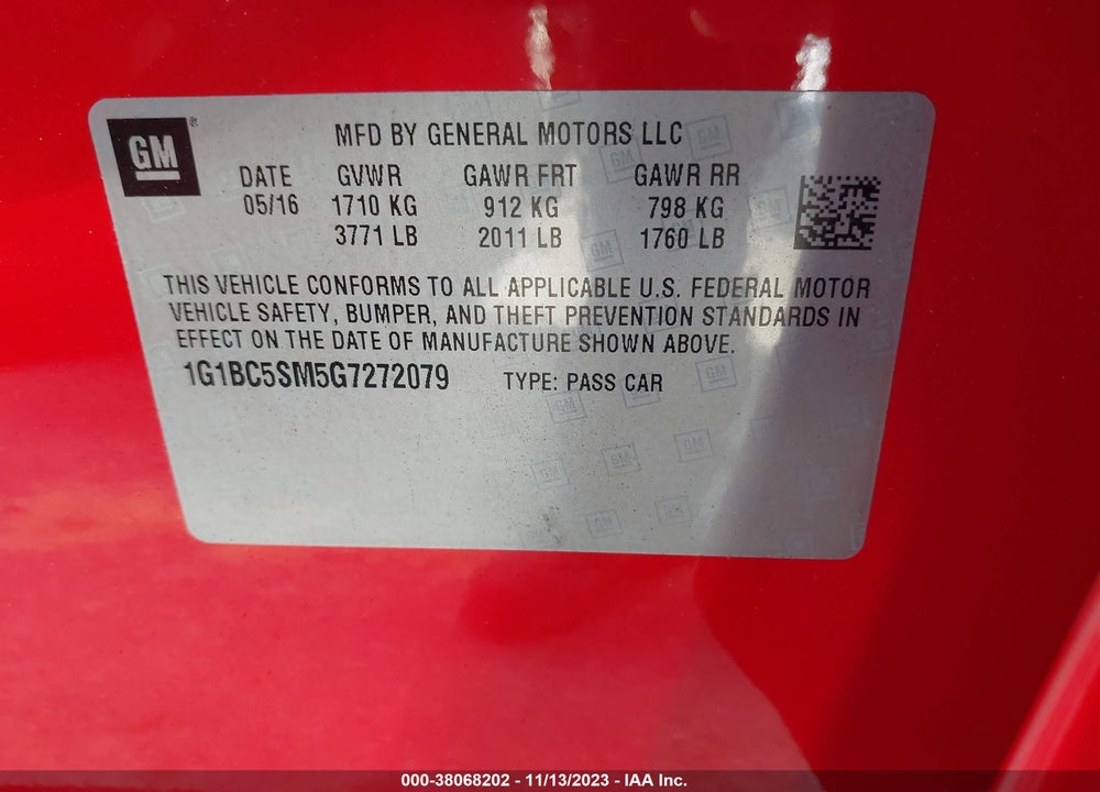 2016 CHEVROLET CRUZE LS AUTO VIN: 1G1BC5SM5G7272079