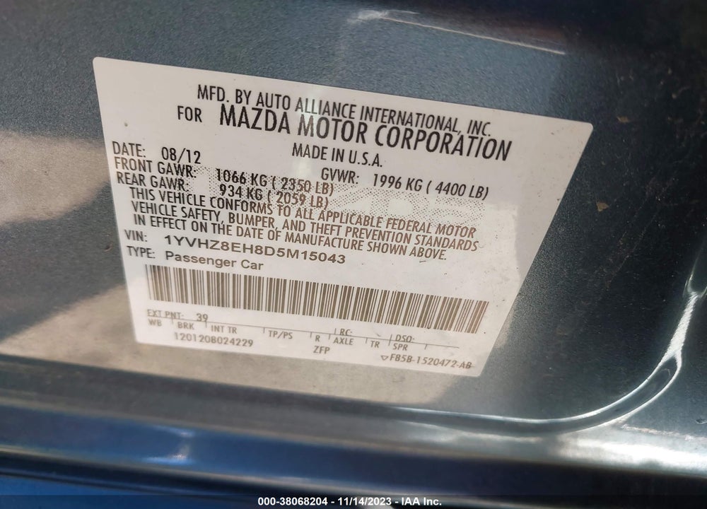 2013 MAZDA 6 VIN: 1YVHZ8EH8D5M15043
