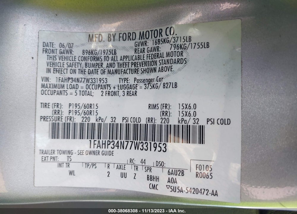 2007 FORD FOCUS S/SE/SES VIN: 1FAHP34N77W331953