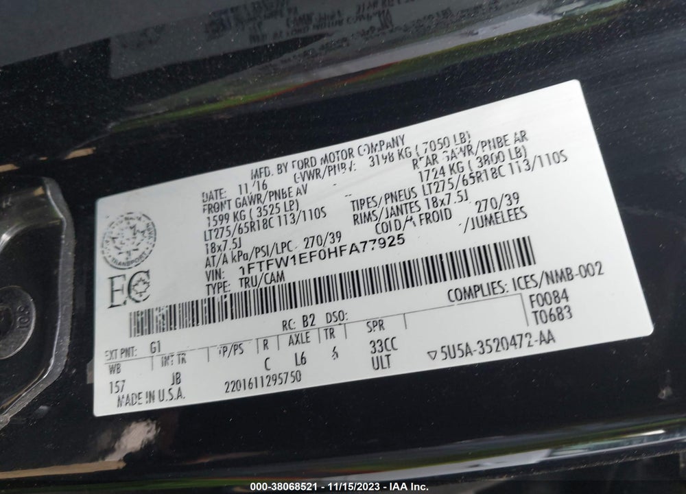 2017 FORD F-150 XLT VIN: 1FTFW1EF0HFA77925