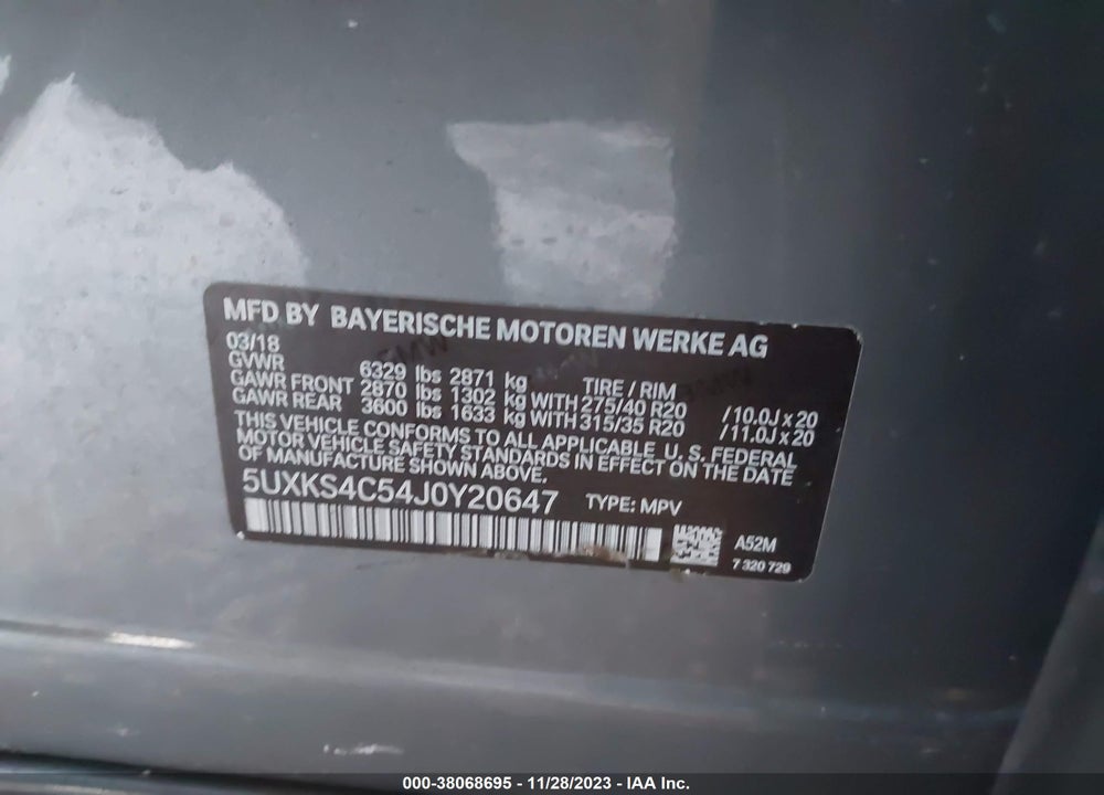 2018 BMW X5 XDRIVE35D VIN: 5UXKS4C54J0Y20647