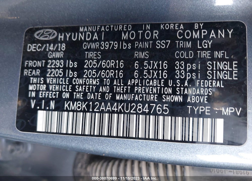 2019 HYUNDAI KONA SE VIN: KM8K12AA4KU284765