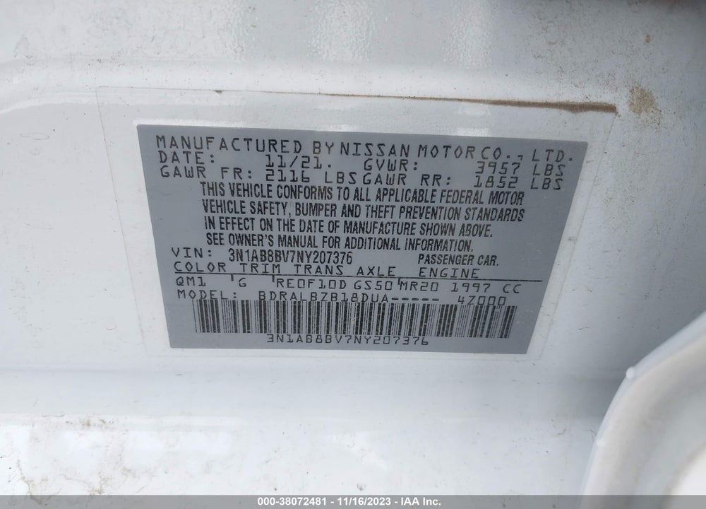 2022 NISSAN SENTRA S XTRONIC CVT VIN: 3N1AB8BV7NY207376