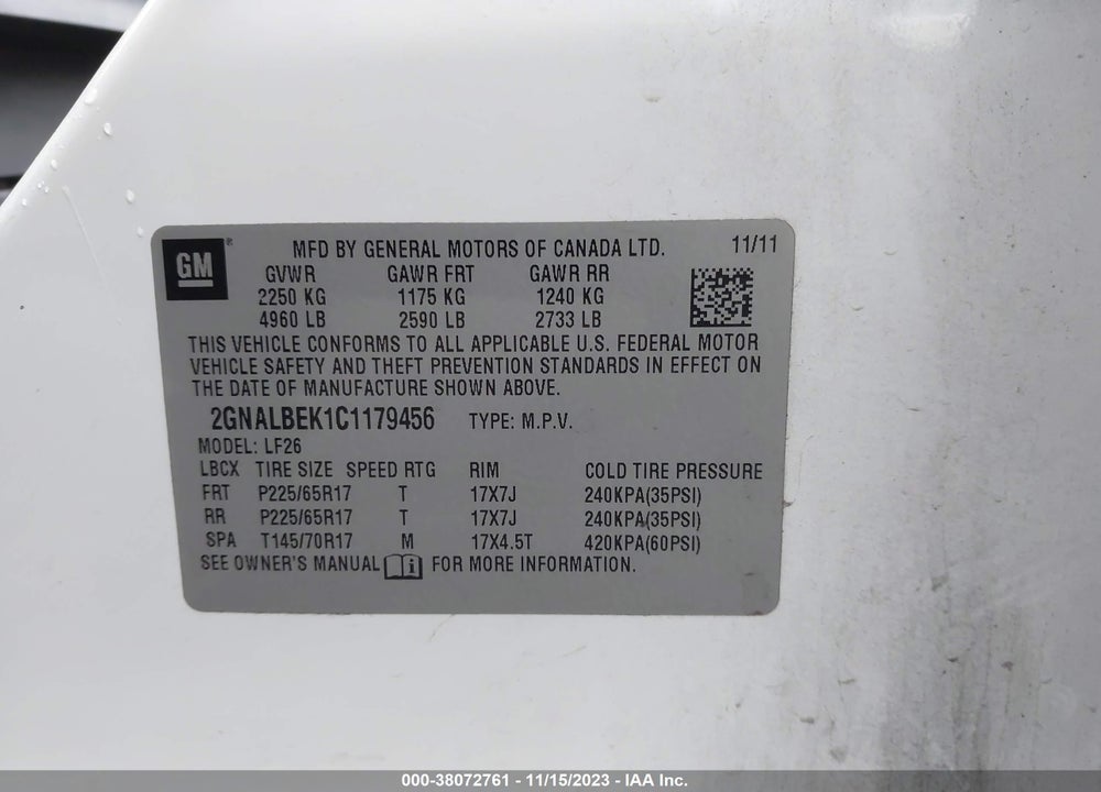2012 CHEVROLET EQUINOX LS VIN: 2GNALBEK1C1179456