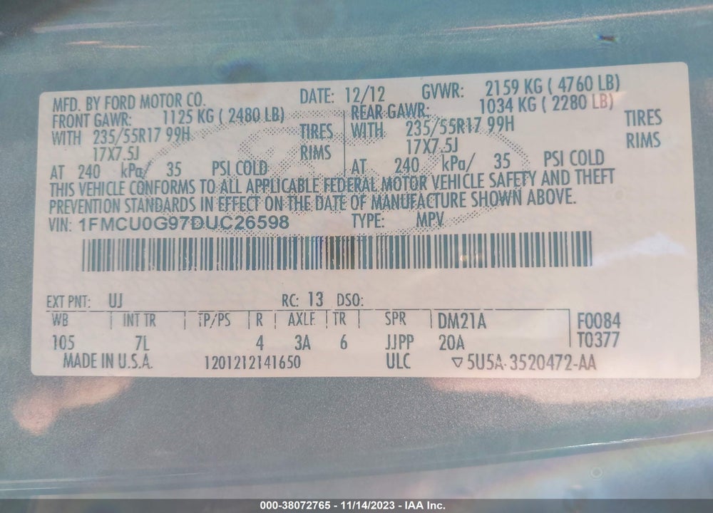 2013 FORD ESCAPE SE VIN: 1FMCU0G97DUC26598