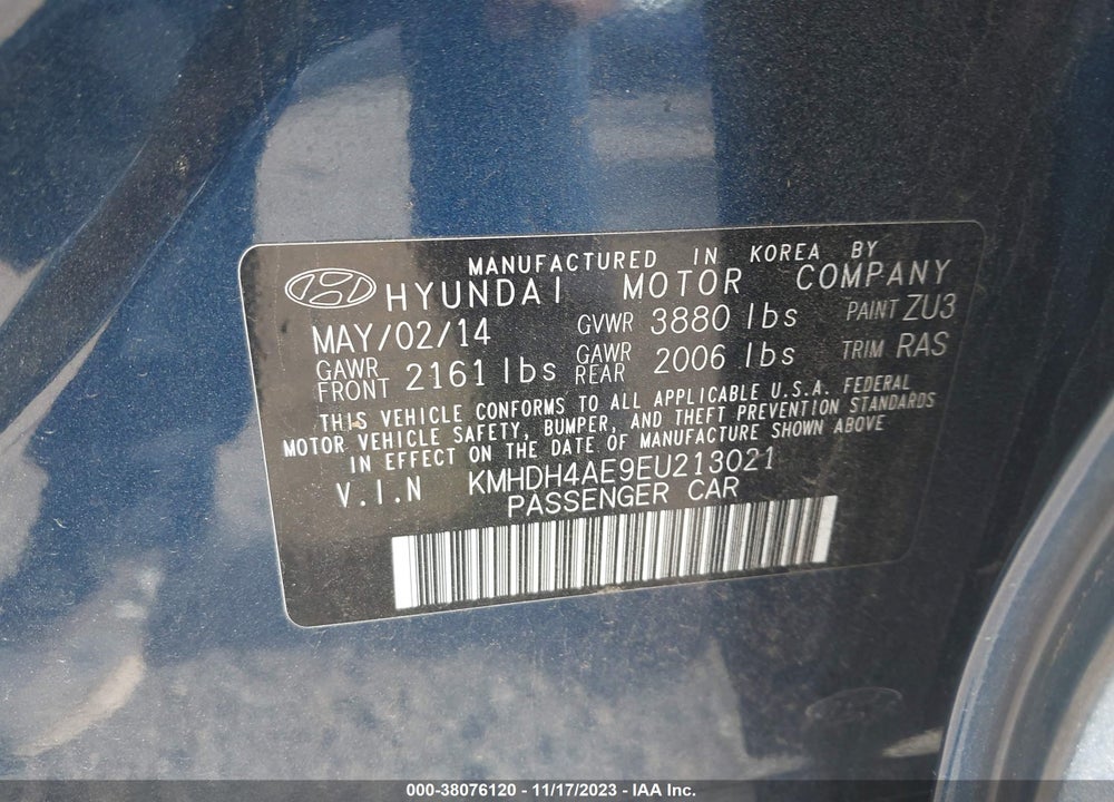 2014 HYUNDAI ELANTRA SE (ULSAN PLANT) VIN: KMHDH4AE9EU213021