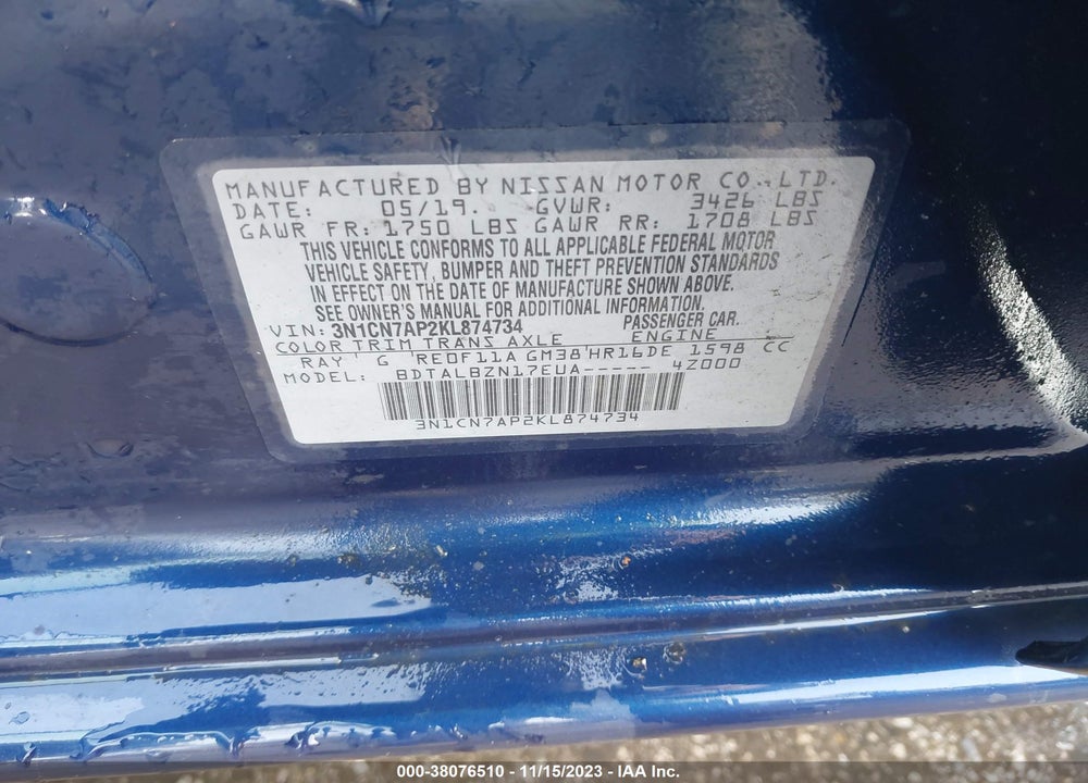 2019 NISSAN VERSA 1.6 SV VIN: 3N1CN7AP2KL874734