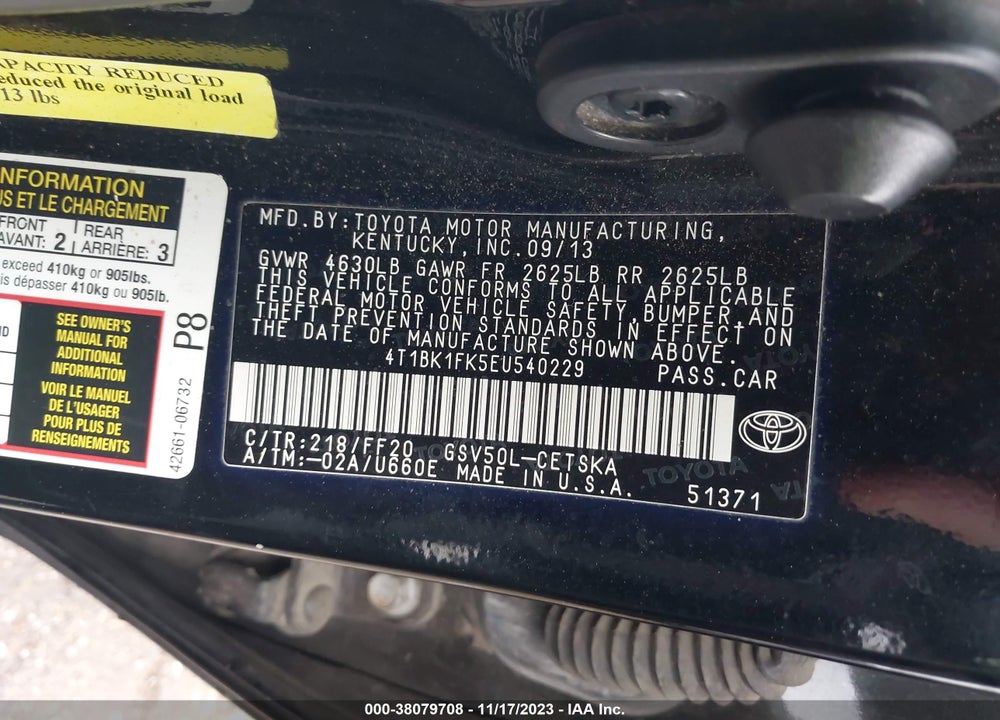 2014 TOYOTA CAMRY SE V6 VIN: 4T1BK1FK5EU540229