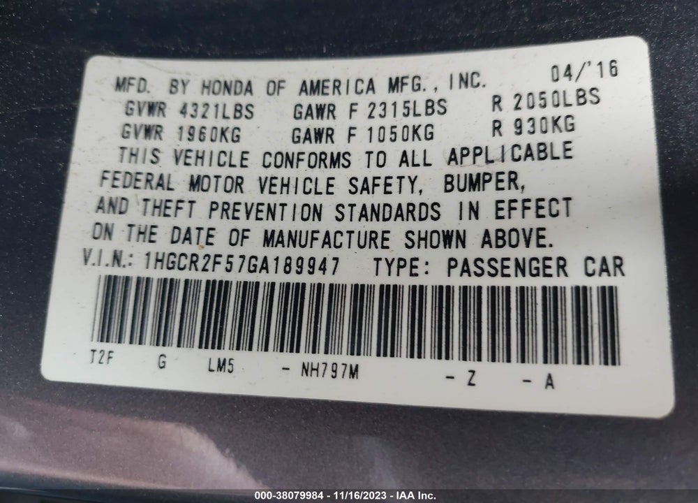 2016 HONDA ACCORD SPORT VIN: 1HGCR2F57GA189947