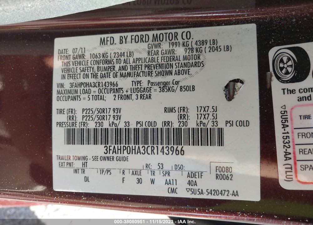 2012 FORD FUSION SE VIN: 3FAHP0HA3CR143966