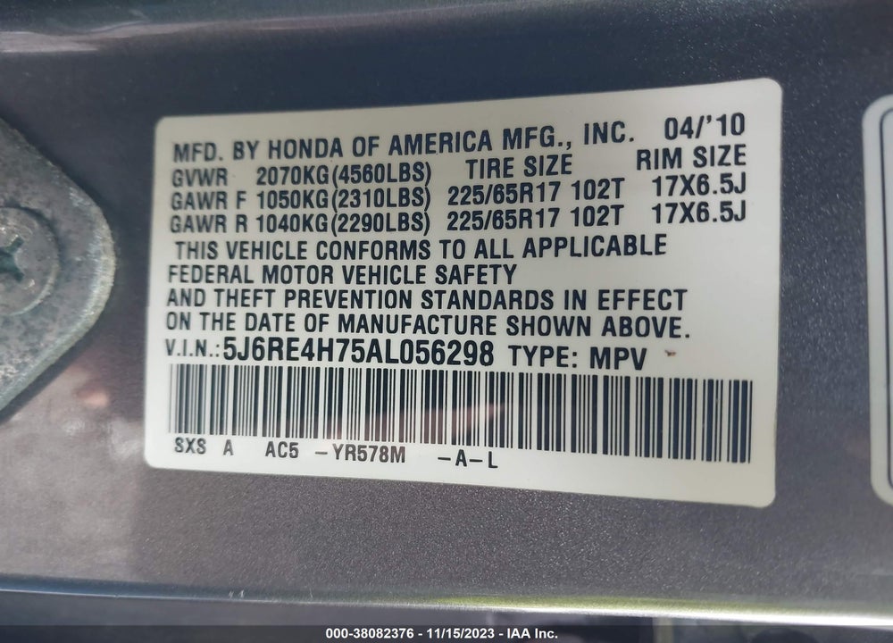 2010 HONDA CR-V EX-L VIN: 5J6RE4H75AL056298