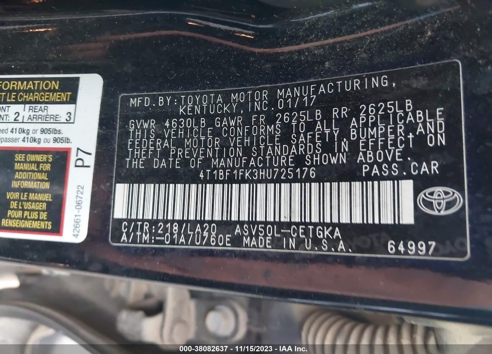 2017 TOYOTA CAMRY XLE VIN: 4T1BF1FK3HU725176