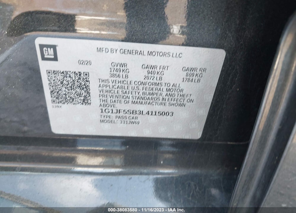 2020 CHEVROLET SONIC FWD  PREMIER VIN: 1G1JF5SB3L4115003