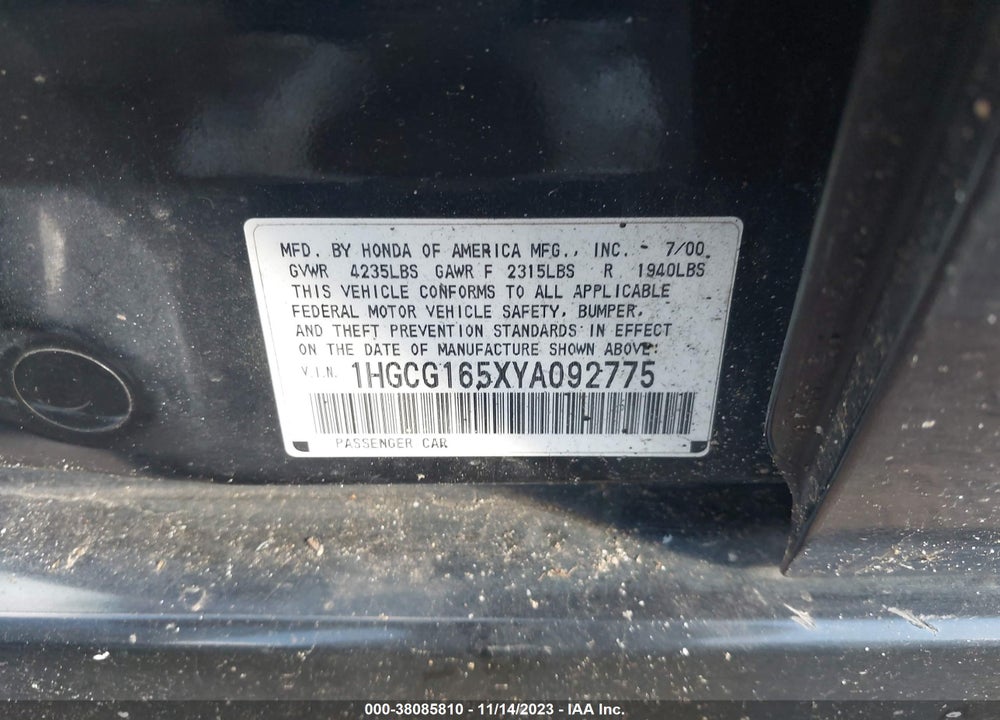 2000 HONDA ACCORD 3.0 EX VIN: 1HGCG165XYA092775