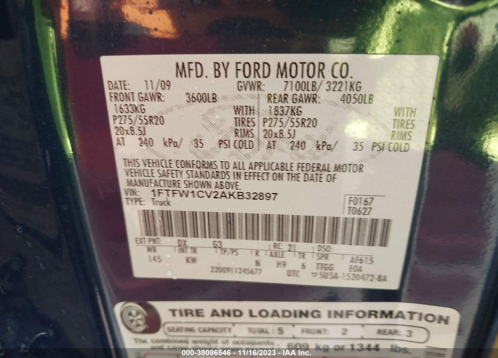 2010 FORD F-150 LARIAT/XL/XLT VIN: 1FTFW1CV2AKB32897