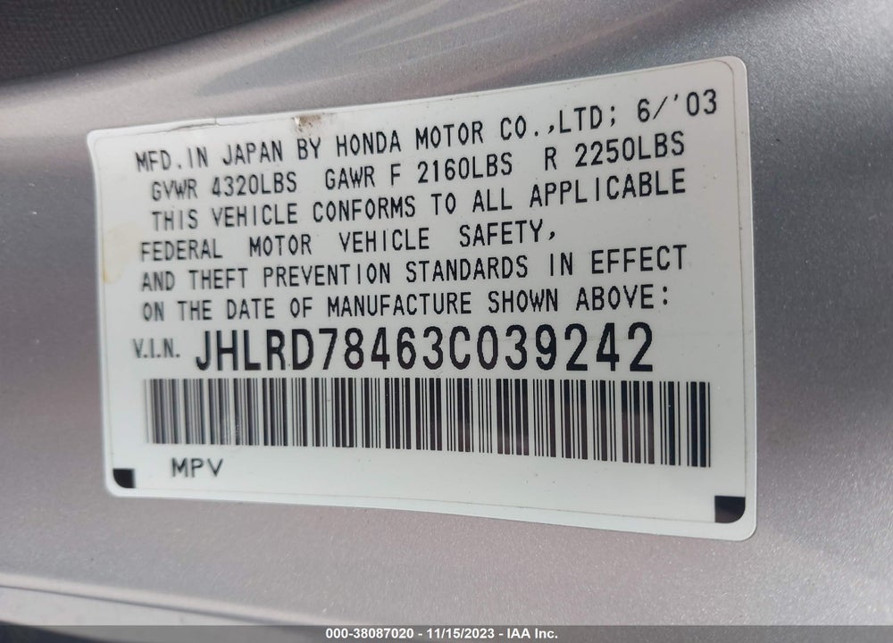 2003 HONDA CR-V LX VIN: JHLRD78463C039242