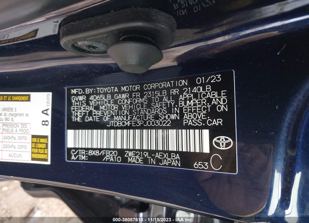 2023 TOYOTA COROLLA HYBRID LE VIN: JTDBCMFE3PJ003022