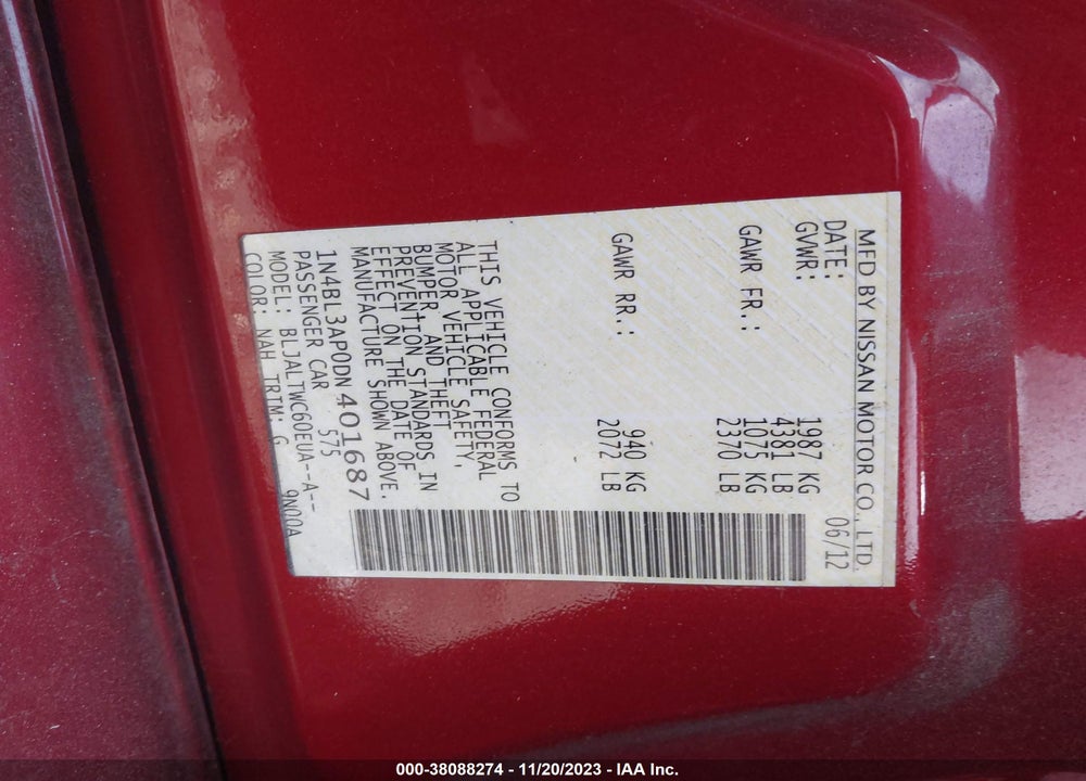 2013 NISSAN ALTIMA 3.5 SV VIN: 1N4BL3AP0DN401687