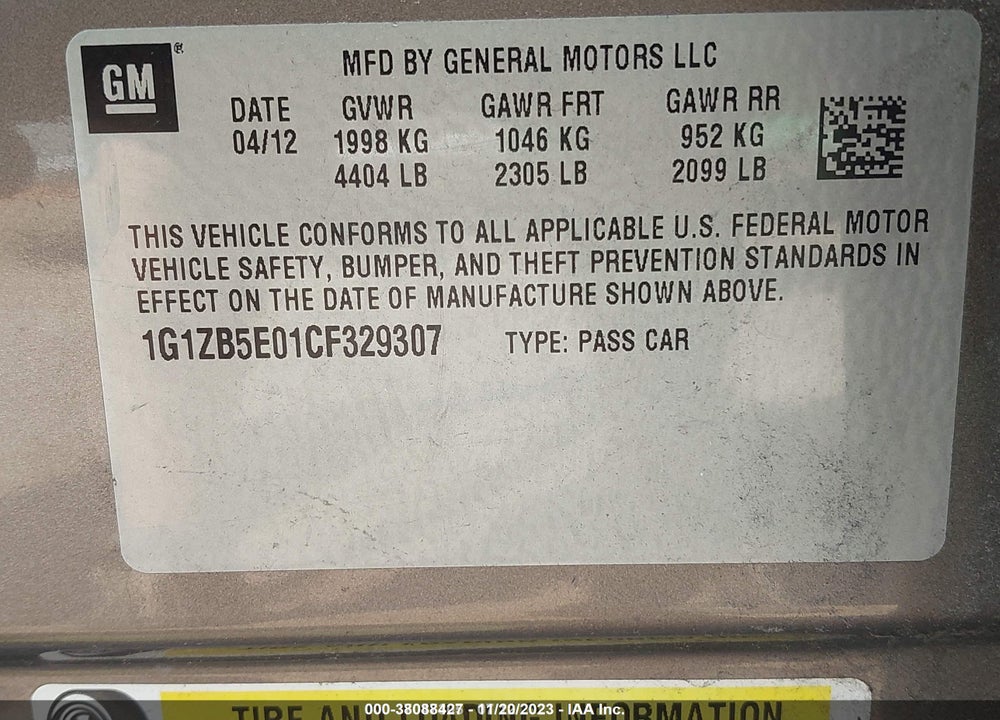 2012 CHEVROLET MALIBU VIN: 1G1ZB5E01CF329307