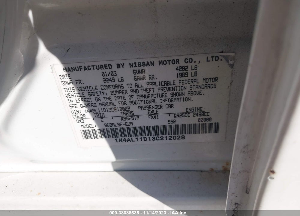 2003 NISSAN ALTIMA S VIN: 1N4AL11D13C212028