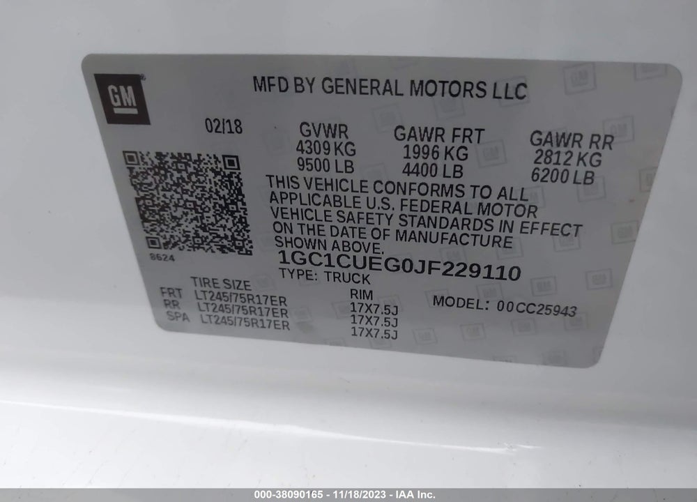 2018 CHEVROLET SILVERADO 2500HD WT VIN: 1GC1CUEG0JF229110