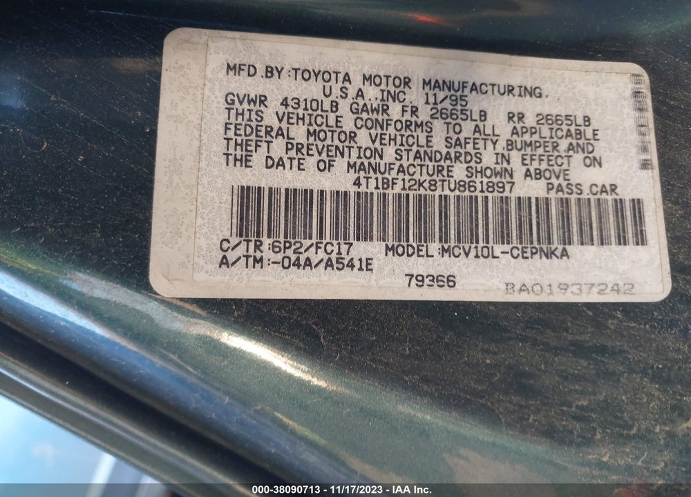 1996 TOYOTA CAMRY LE/XLE/SE VIN: 4T1BF12K8TU861897