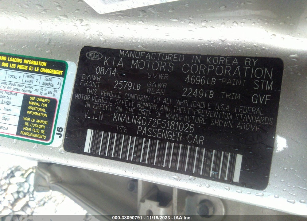 2015 KIA CADENZA VIN: KNALN4D72F5181026