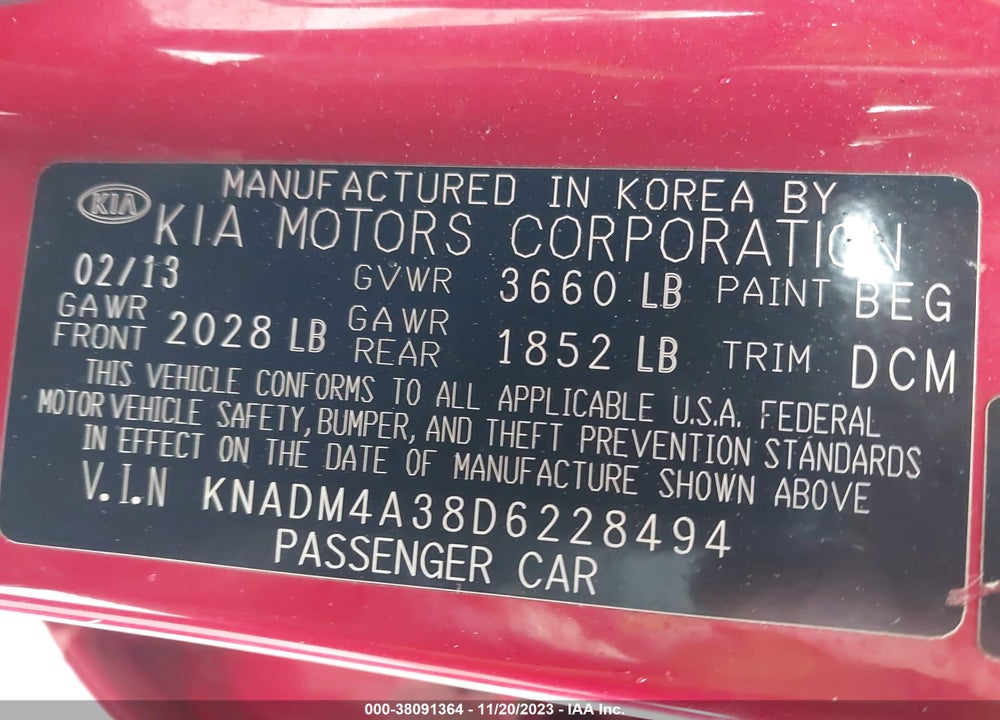 2013 KIA RIO LX VIN: KNADM4A38D6228494