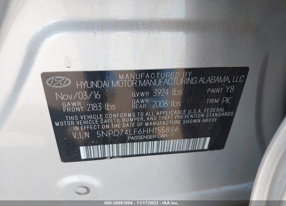 2017 HYUNDAI ELANTRA SE VIN: 5NPD74LF6HH155896