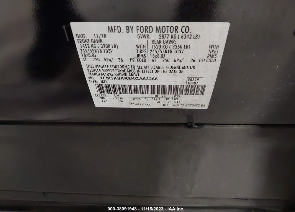2019 FORD POLICE INTERCEPTOR UTILITY VIN: 1FM5K8AR8KGA63266