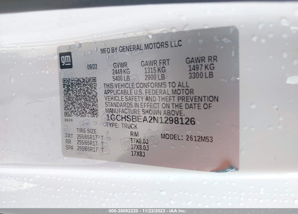 2022 CHEVROLET COLORADO 2WD LONG BOX WT VIN: 1GCHSBEA2N1298126