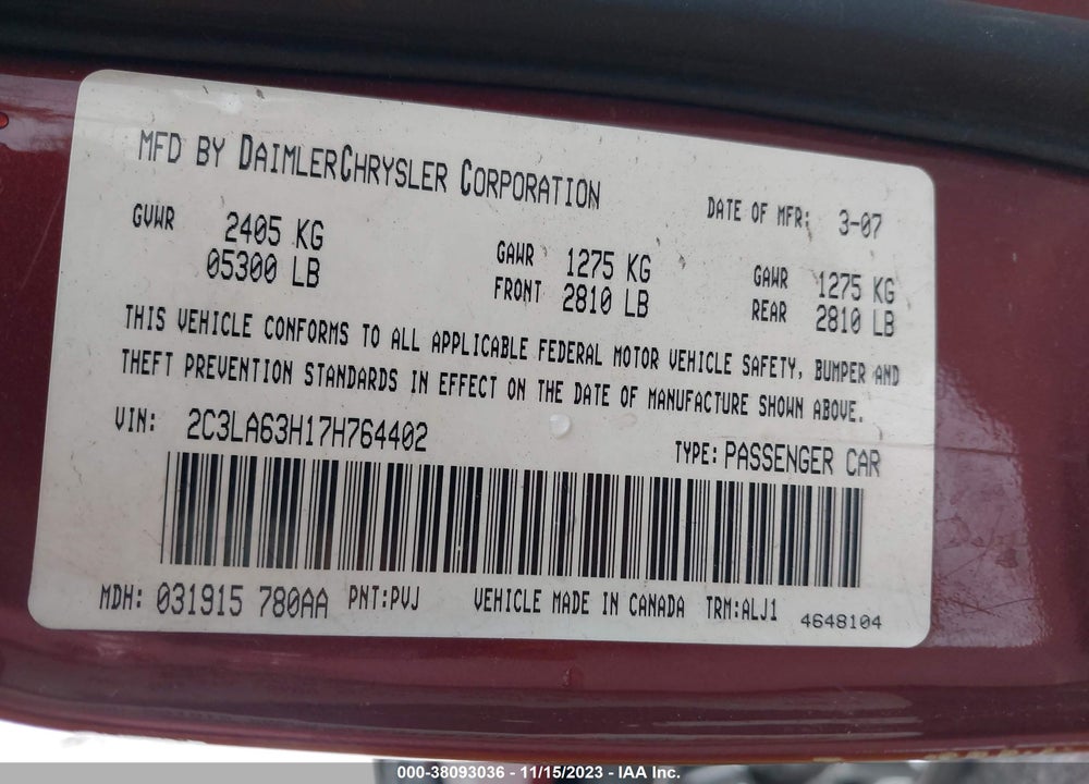 2007 CHRYSLER 300C VIN: 2C3LA63H17H764402