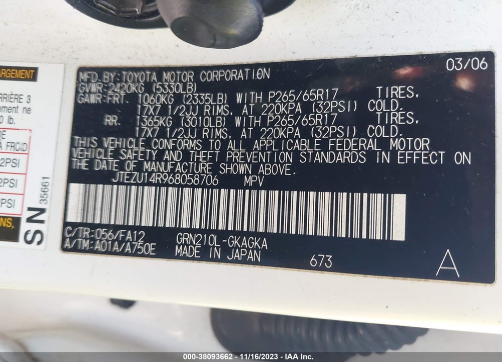 2006 TOYOTA 4RUNNER SR5 V6 VIN: JTEZU14R968058706