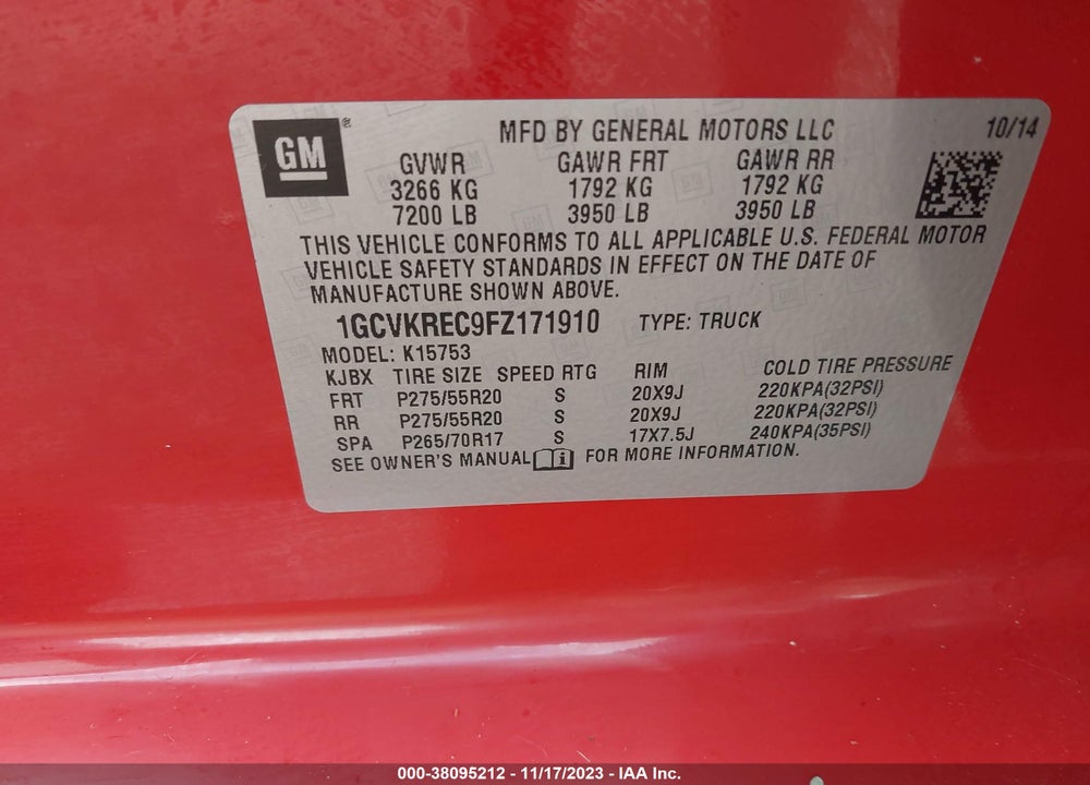 2015 CHEVROLET SILVERADO 1500 1LT VIN: 1GCVKREC9FZ171910