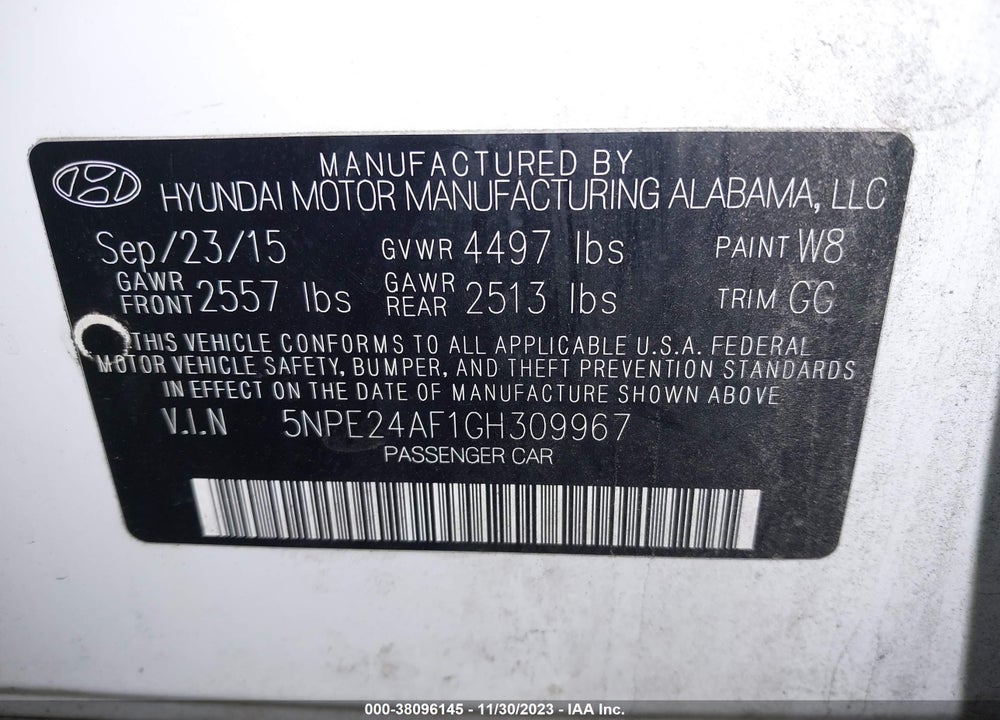 2016 HYUNDAI SONATA SE VIN: 5NPE24AF1GH309967
