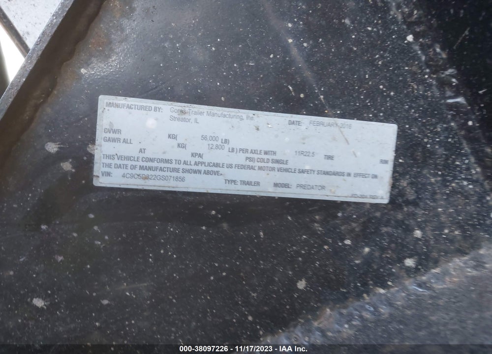 2016 TRAILER CORAS DUMP VIN: 4C9C5D322GS071856