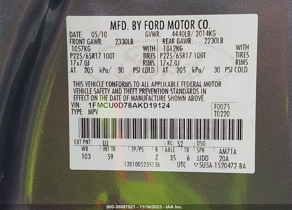 2010 FORD ESCAPE XLT VIN: 1FMCU0D78AKD19124