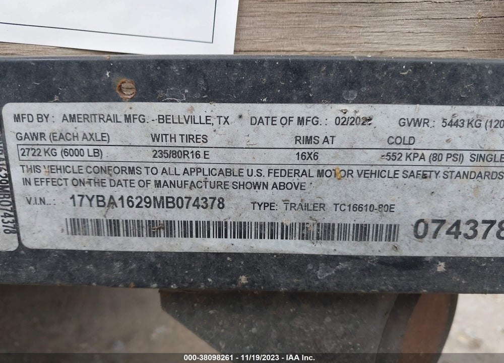 2021 AMERITRAIL TRAILER VIN: 17YBA1629MB074378