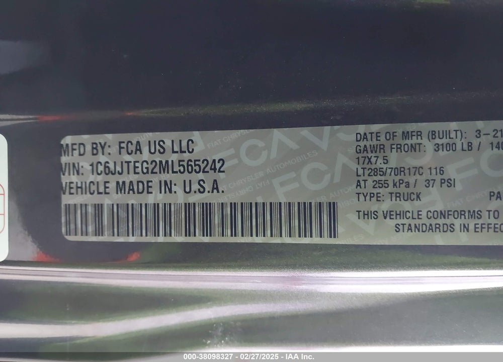 2021 JEEP GLADIATOR VIN: 1C6JJTEG2ML565242