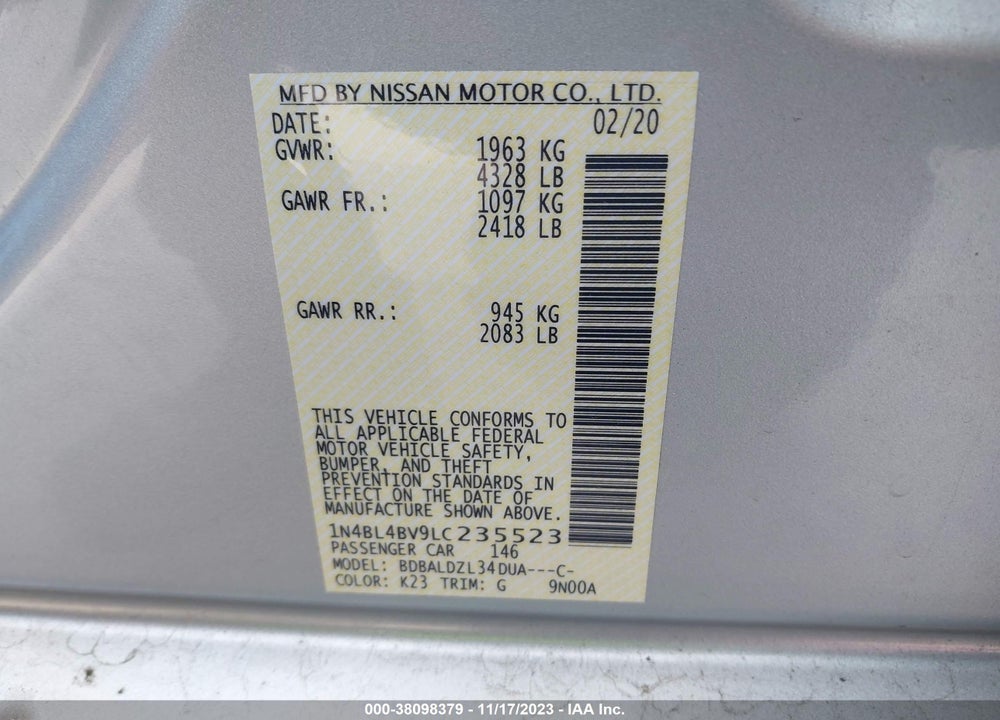 2020 NISSAN ALTIMA S FWD VIN: 1N4BL4BV9LC235523