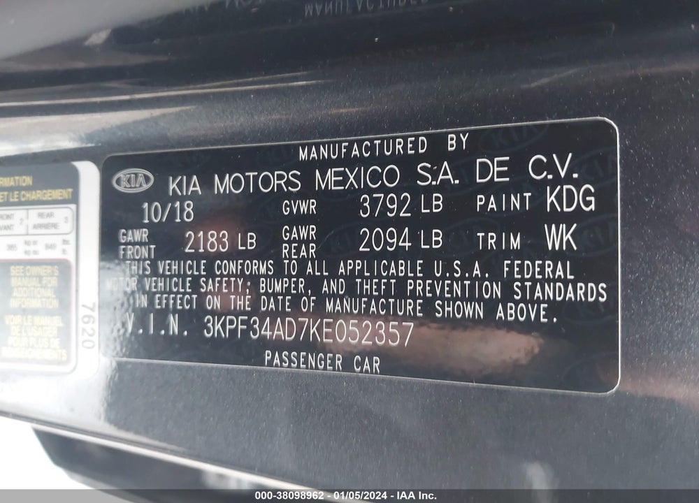 2019 KIA FORTE S VIN: 3KPF34AD7KE052357