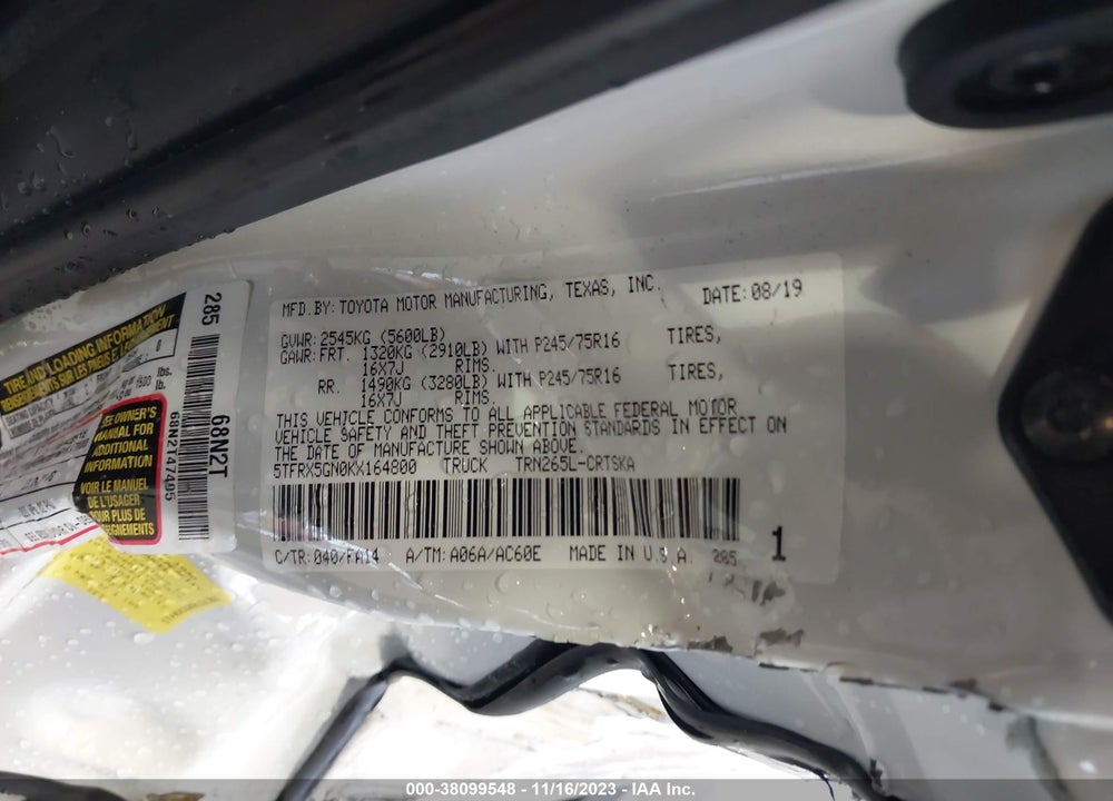 2019 TOYOTA TACOMA SR VIN: 5TFRX5GN0KX164800