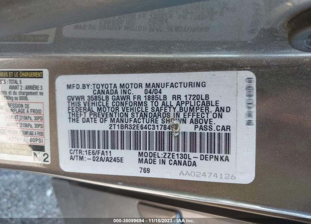 2004 TOYOTA COROLLA LE VIN: 2T1BR32E64C317849
