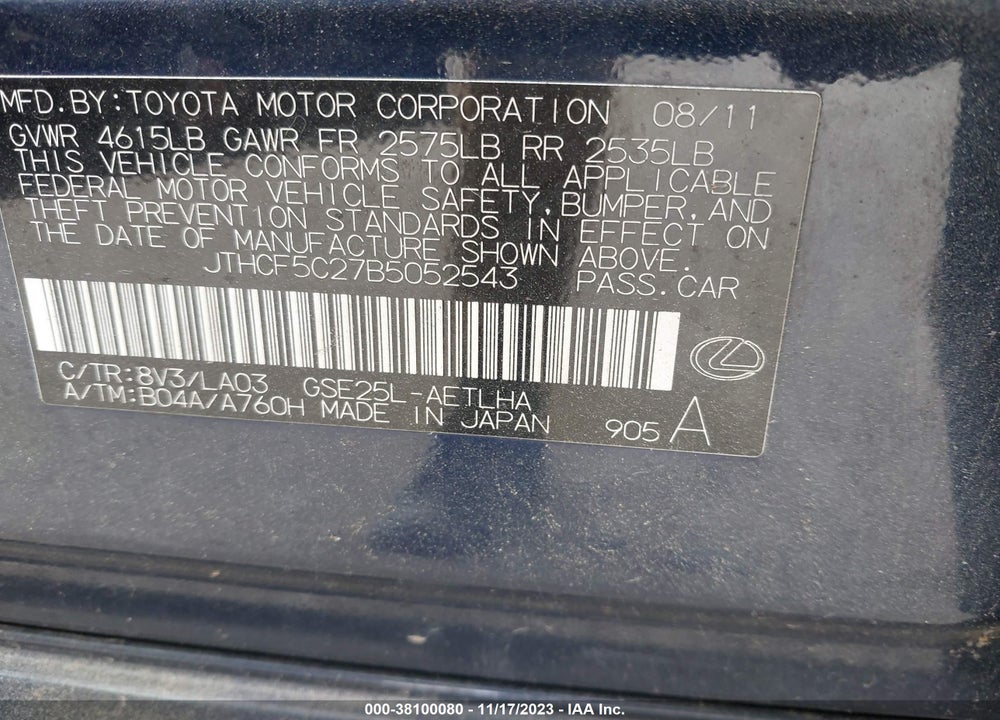 2011 LEXUS IS 250 VIN: JTHCF5C27B5052543