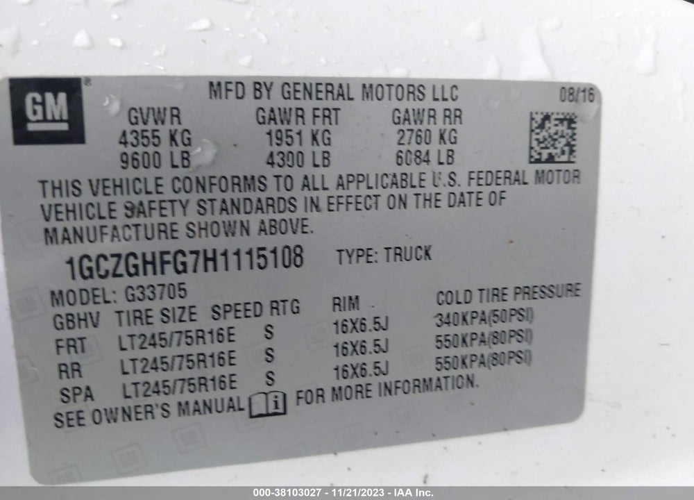 2017 CHEVROLET EXPRESS 3500 WORK VAN VIN: 1GCZGHFG7H1115108