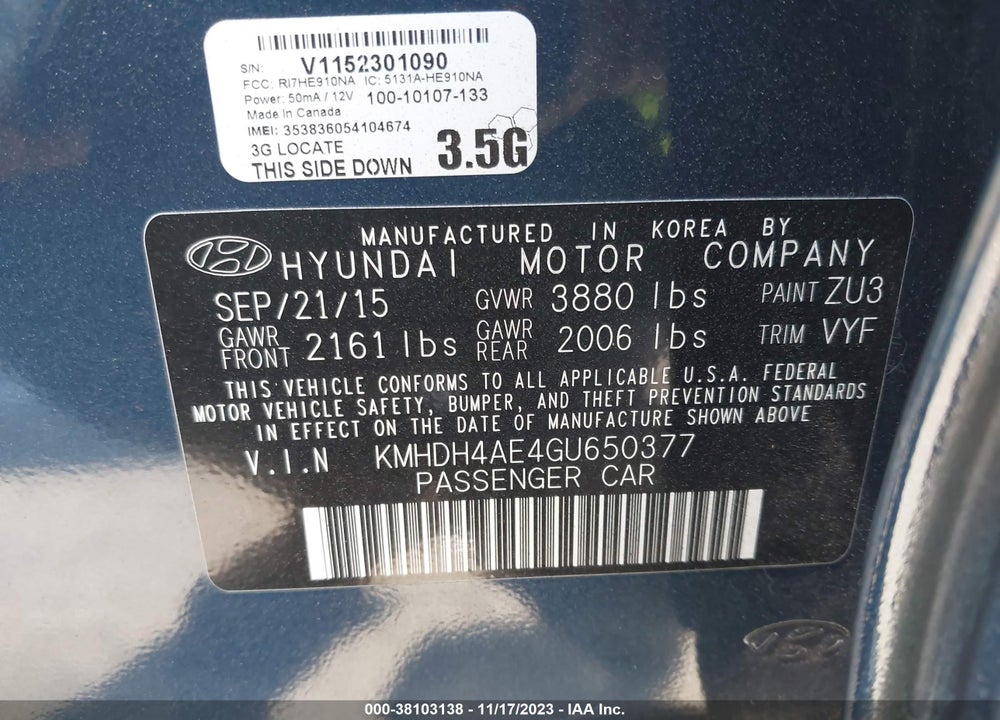 2016 HYUNDAI ELANTRA SE VIN: KMHDH4AE4GU650377