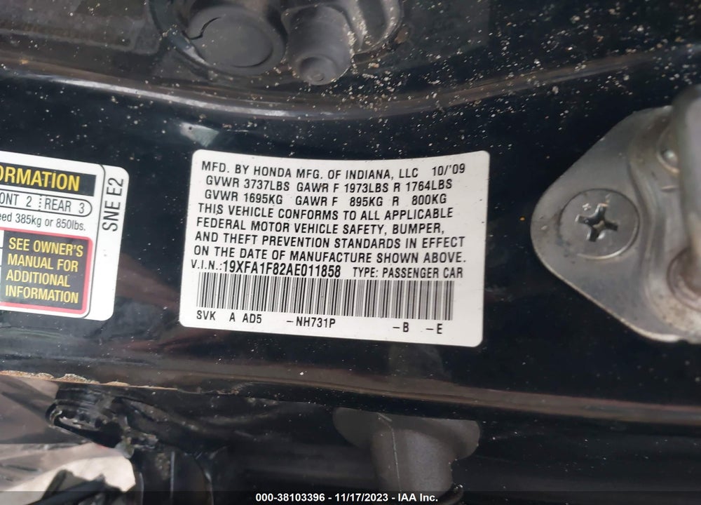 2010 HONDA CIVIC VIN: 19XFA1F82AE011858
