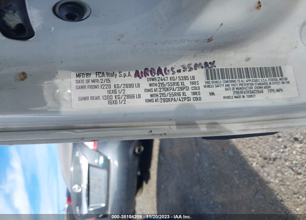 2015 RAM PROMASTER CITY TRADESMAN VIN: ZFBERFAT1F6A02648