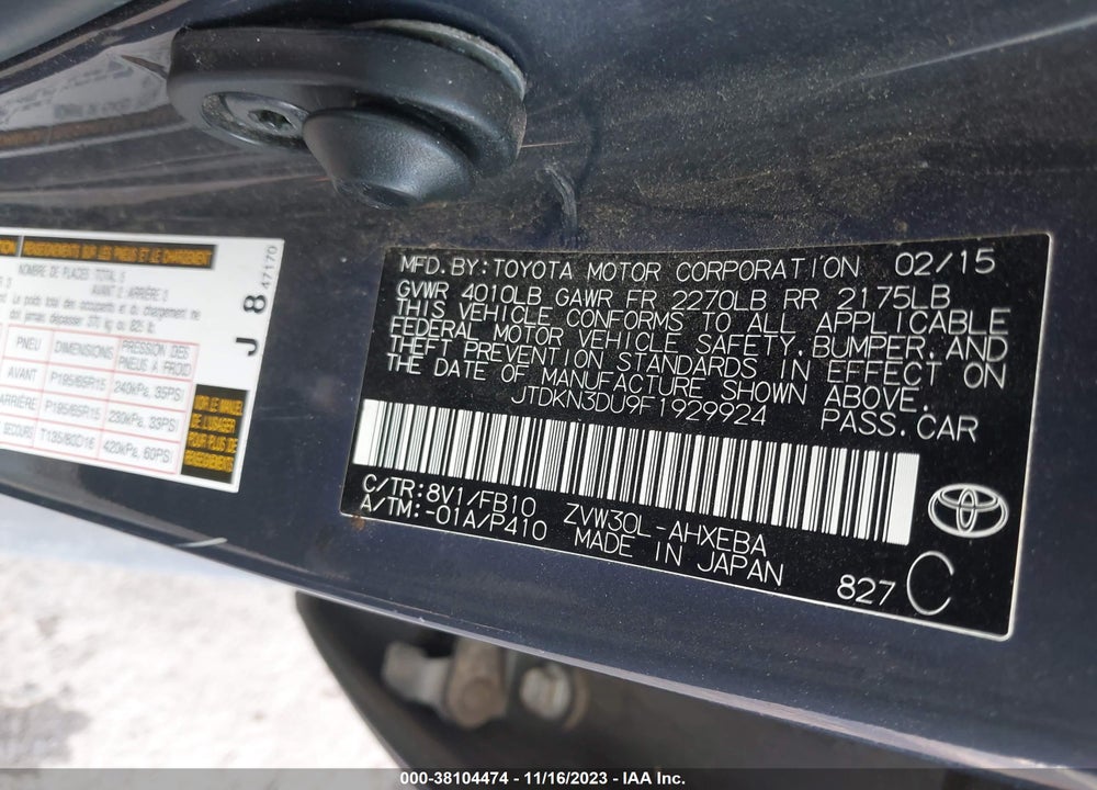 2015 TOYOTA PRIUS TWO VIN: JTDKN3DU9F1929924