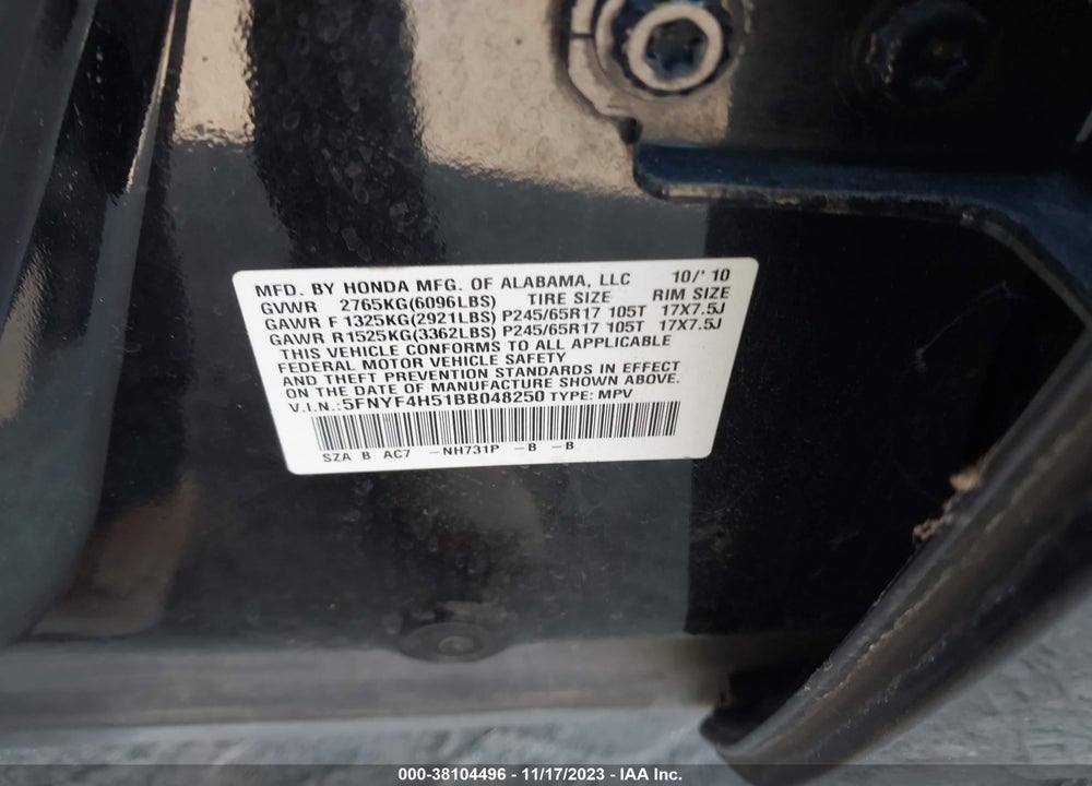 2011 HONDA PILOT EX-L VIN: 5FNYF4H51BB048250